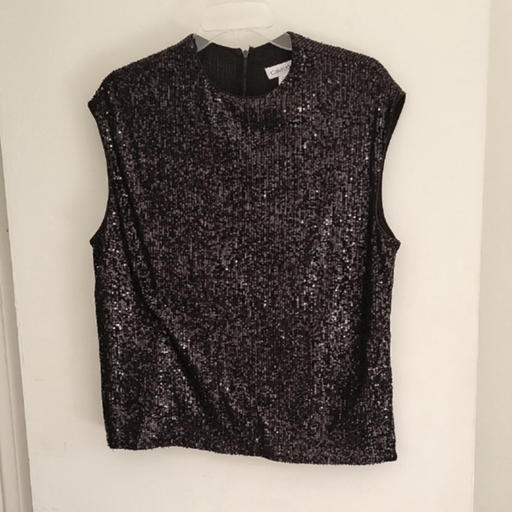 Calvin Klein Sparkling Sequined Black Muscle Tee Sz L